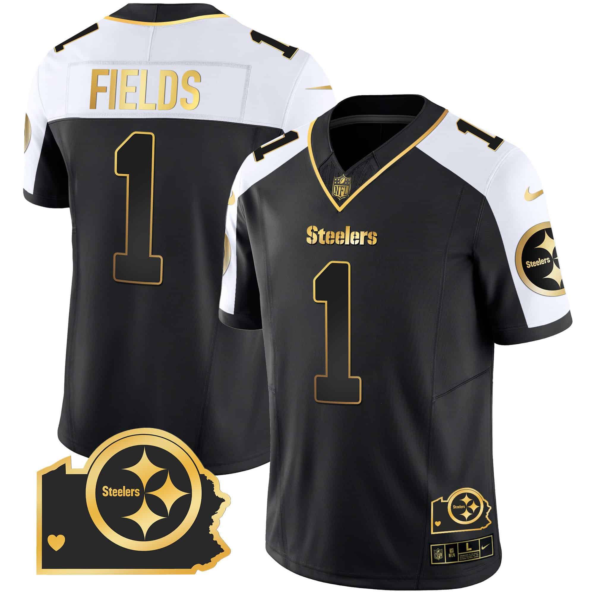 Men Pittsburgh Steelers #1 Fields Black Gold 2024 Nike Home Patch Vapor Limited NFL Jersey